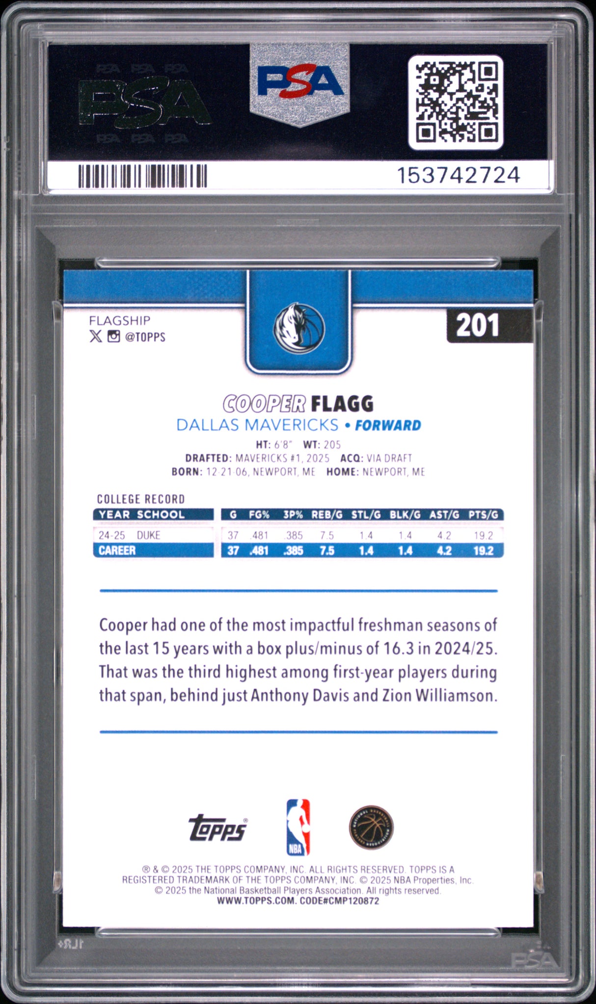 Cooper Flagg 2025 Topps #201 PSA 9