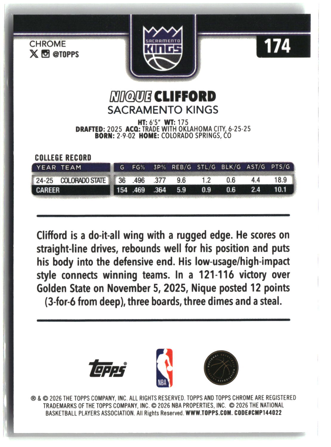 Nique Clifford 2025-26 Topps Chrome Update #174