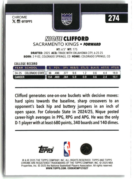 Nique Clifford 2025-26 Topps Chrome #274