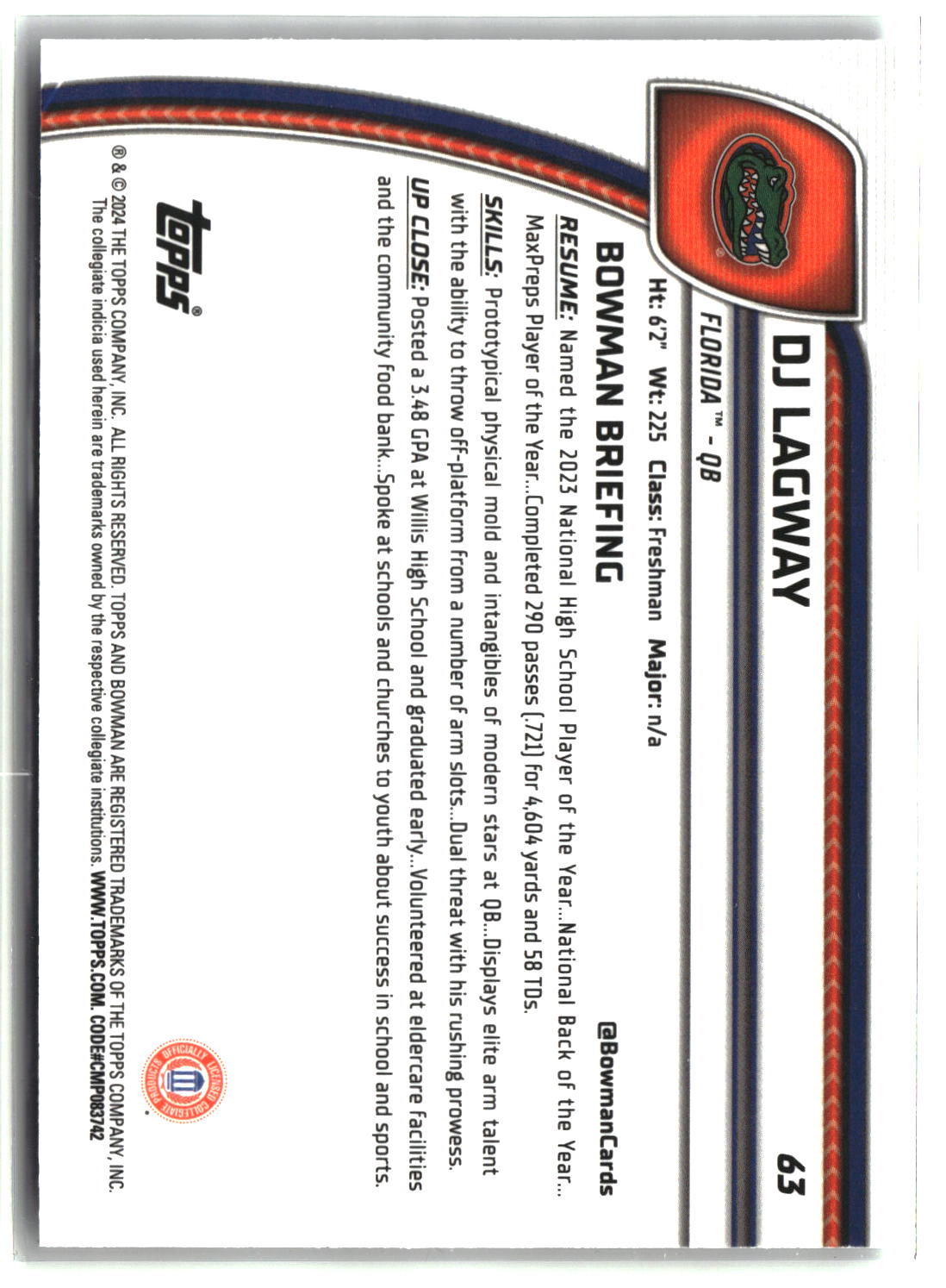 DJ Lagway 2024 Bowman University Chrome X-Fractor #63