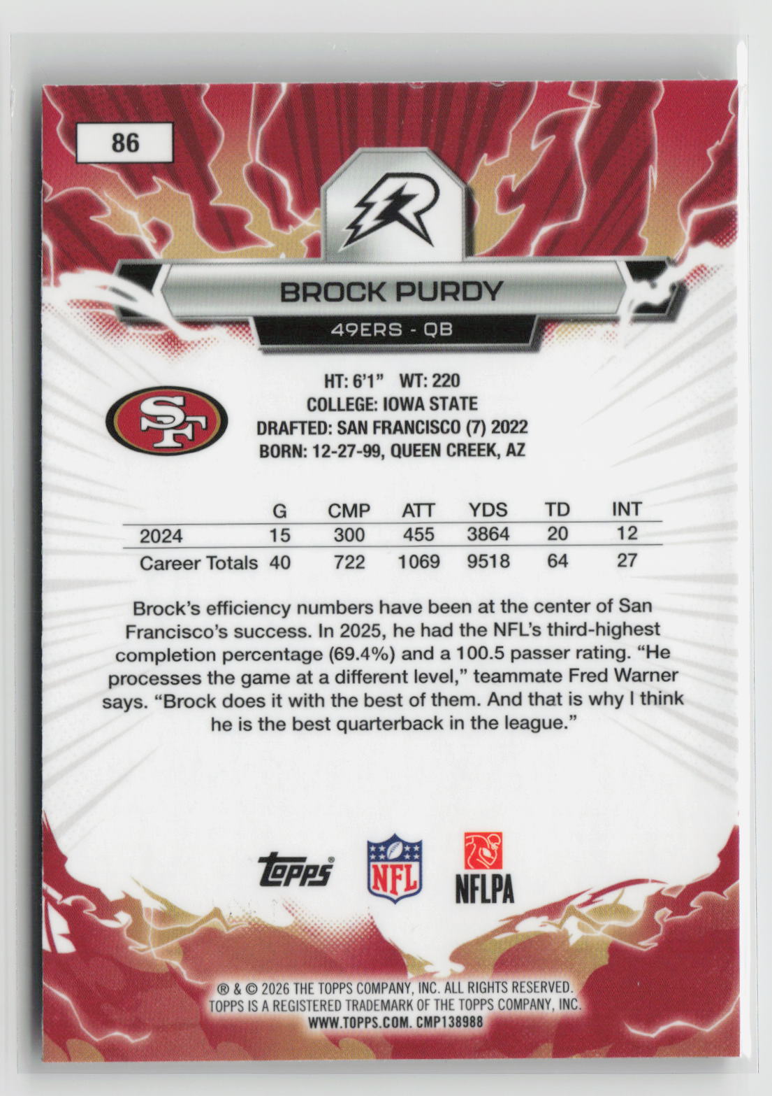 Brock Purdy 2025 Topps Resurgence Crimson Surge Refractor #86 #/199