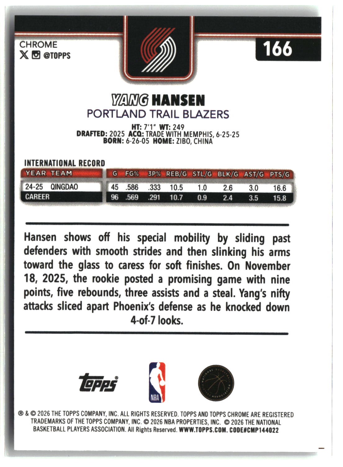 Yang Hansen 2025-26 Topps Chrome Update #166