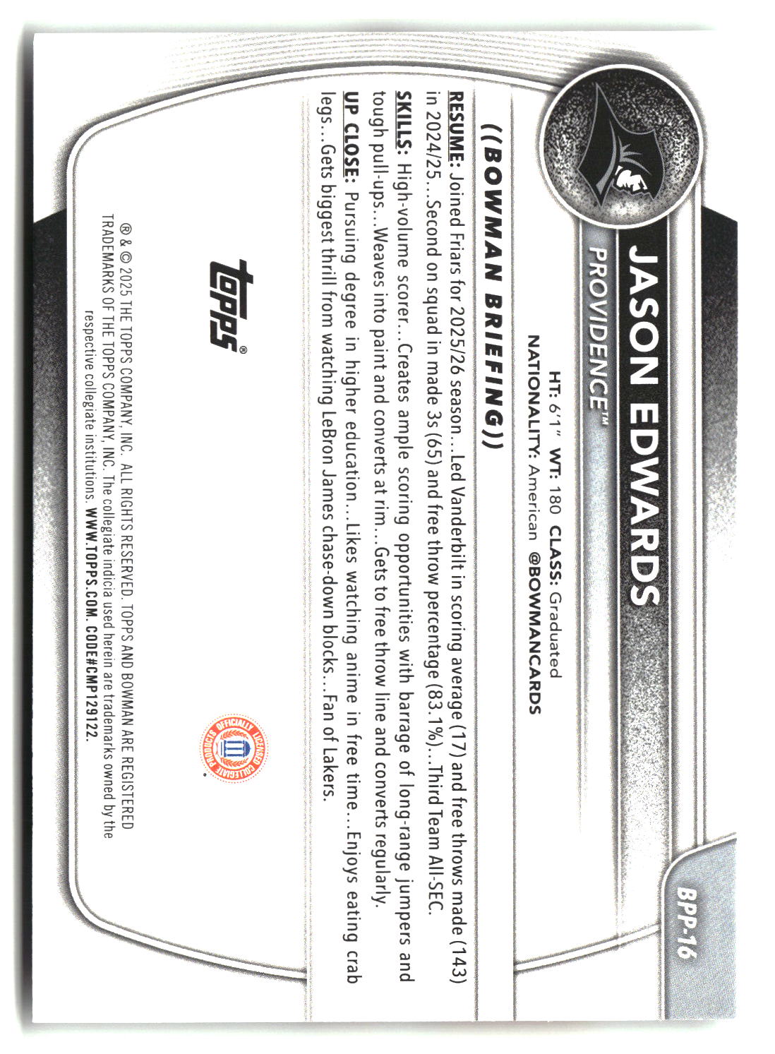 Jason Edwards 2025-26 Bowman Prospects #BPP-16