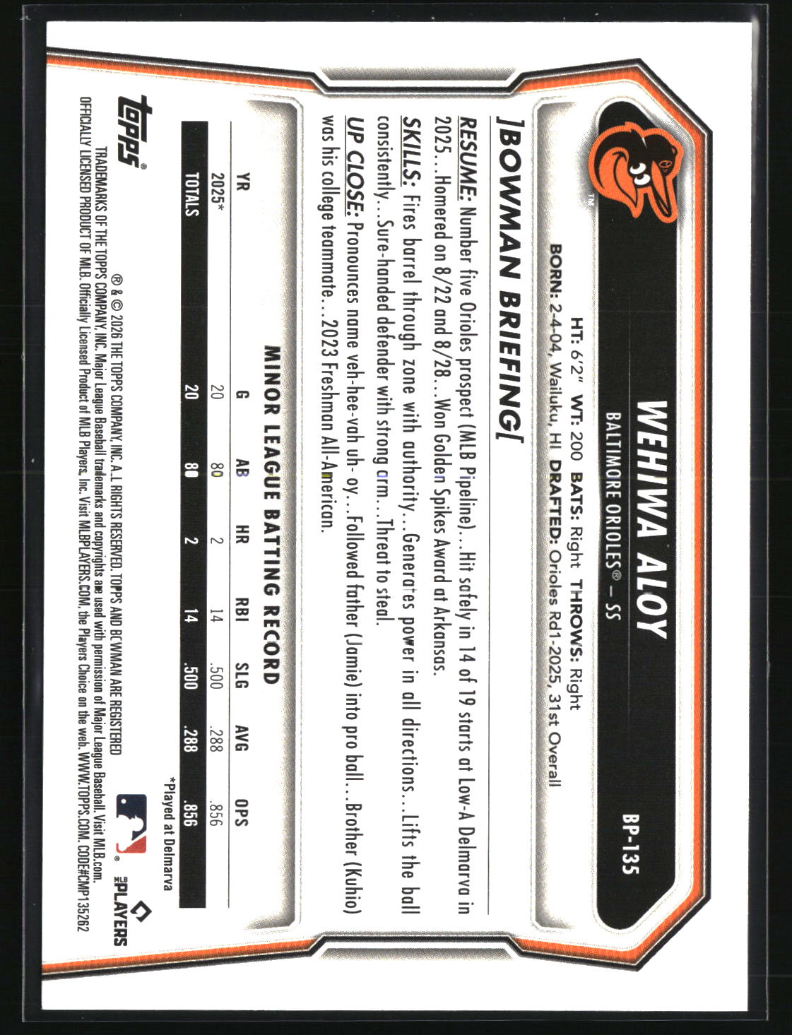 Wehiwa Aloy 2026 Bowman Prospects #BP-135