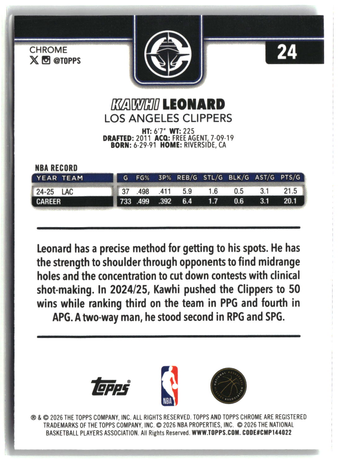 Kawhi Leonard 2025-26 Topps Chrome Update Refractor #24