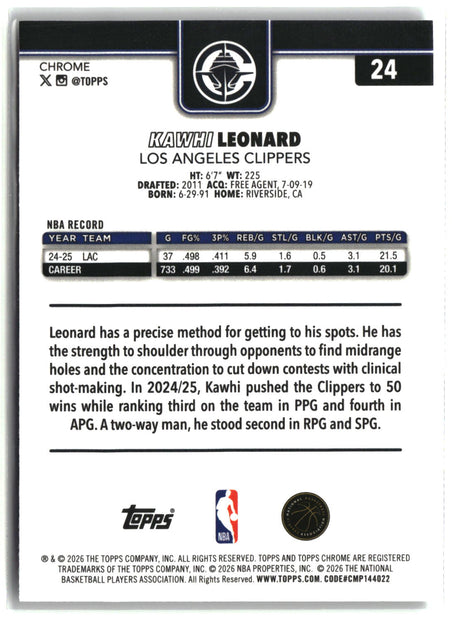 Kawhi Leonard 2025-26 Topps Chrome Update Refractor #24