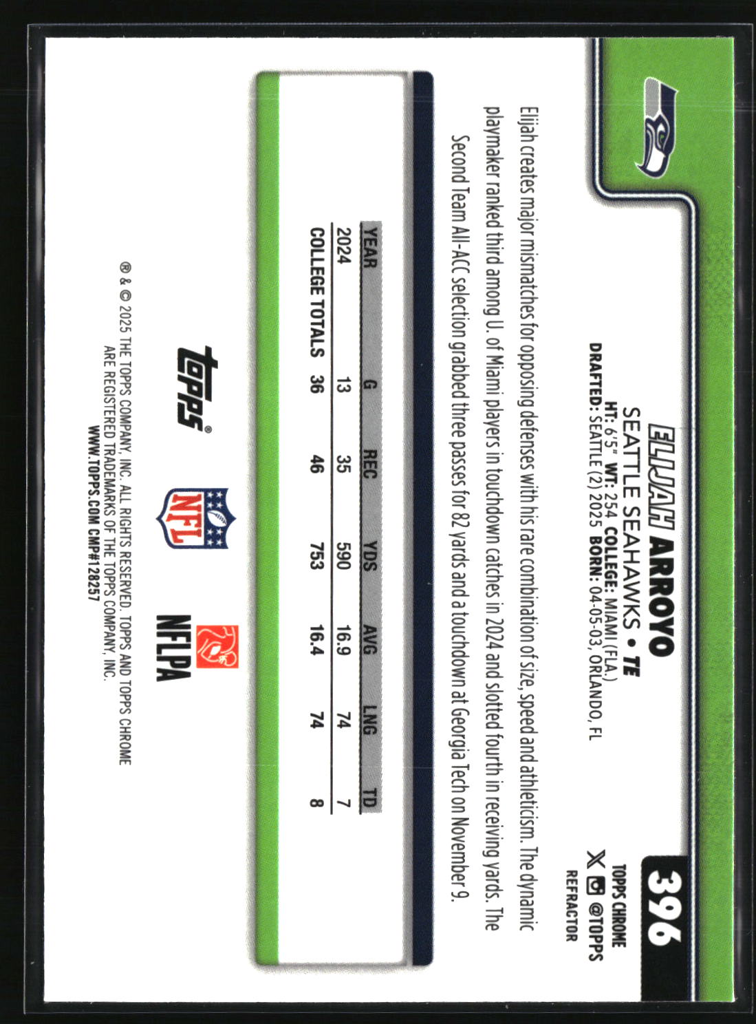 Elijah Arroyo 2025 Topps Chrome Refractor #396