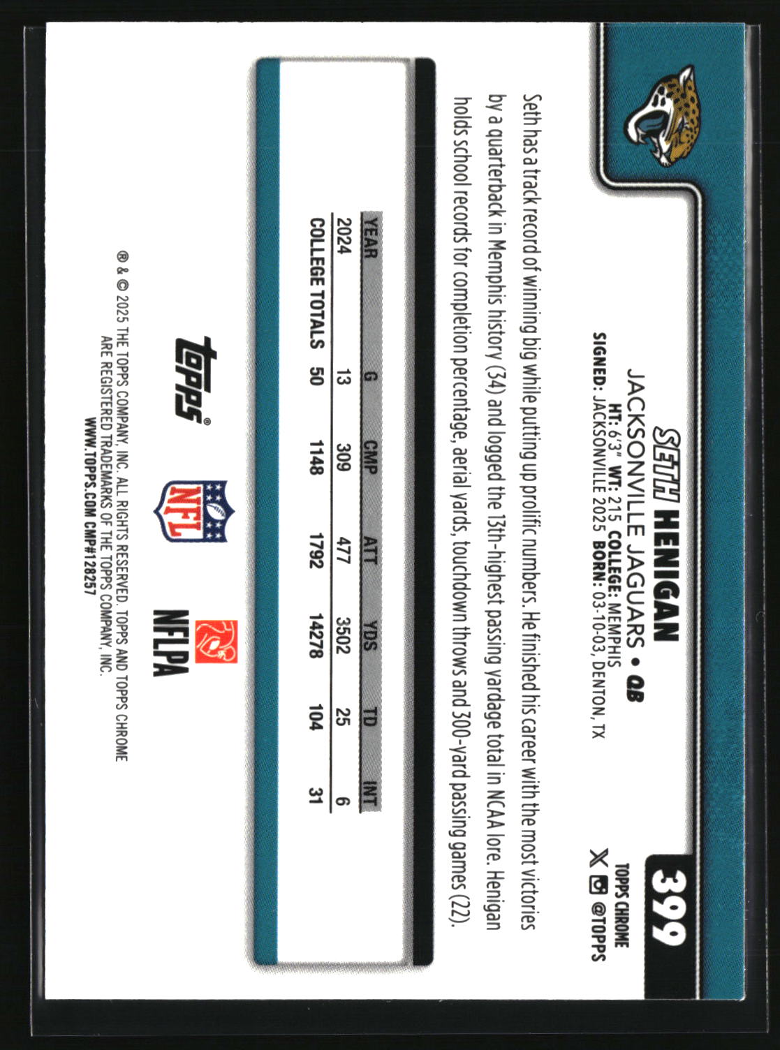 Seth Henigan 2025 Topps Chrome #399