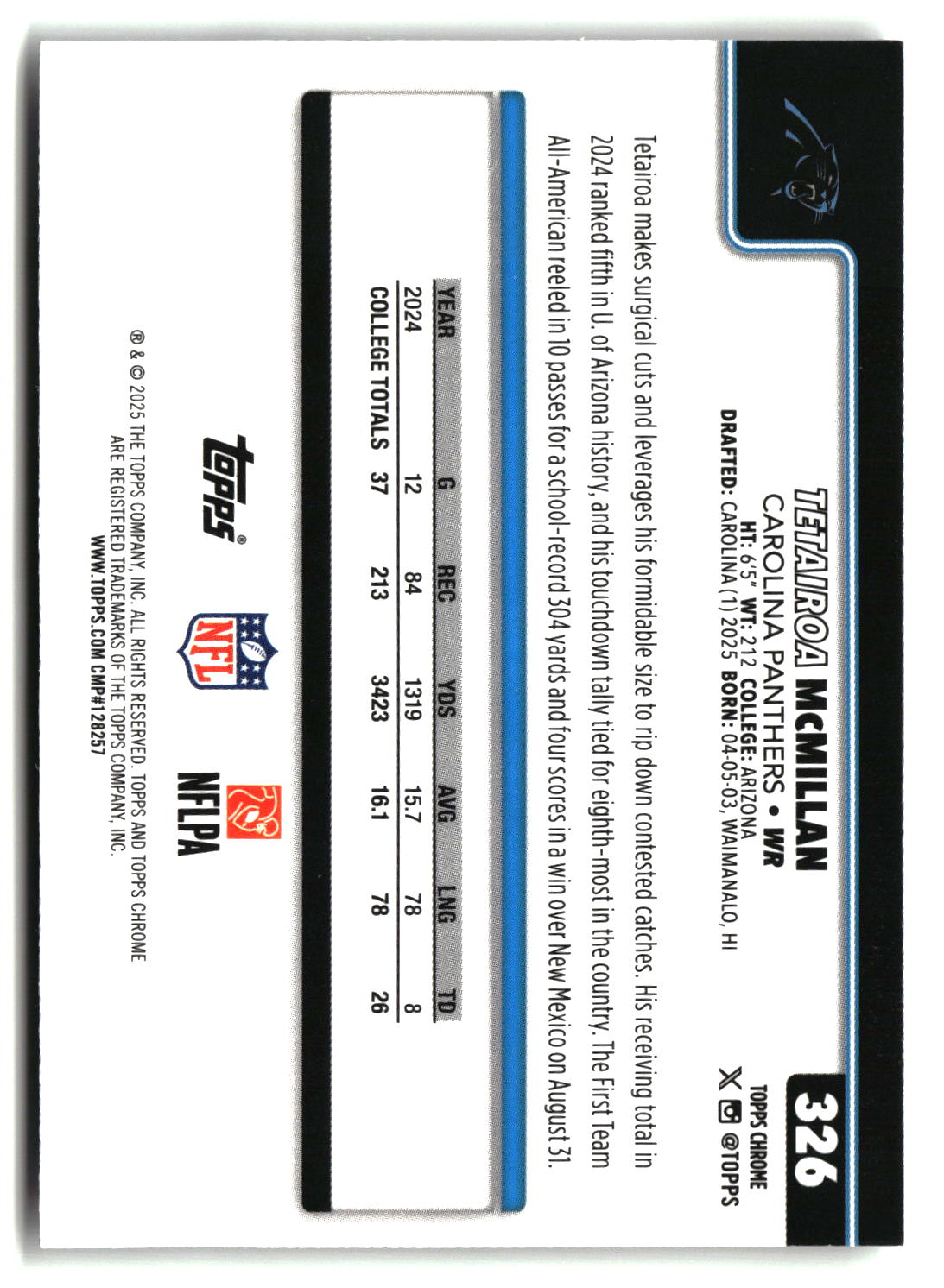 Tetairoa McMillan 2025 Topps Chrome #326
