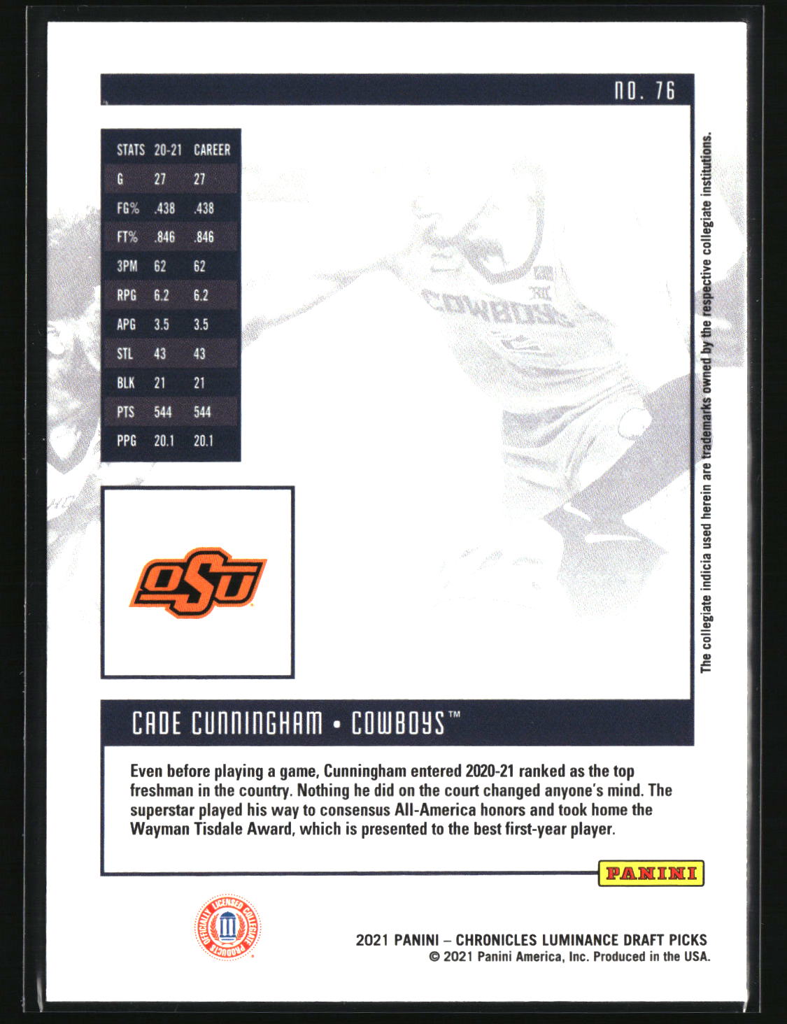Cade Cunningham 2021 Panini Chronicles Draft Picks #76