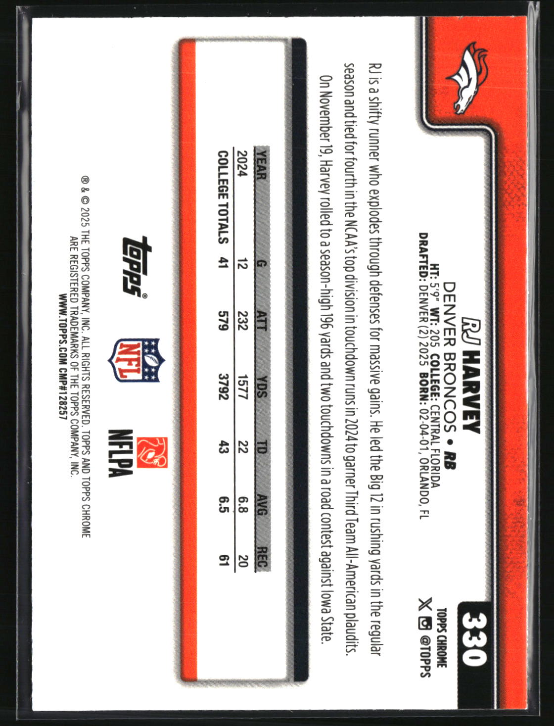RJ Harvey 2025 Topps Chrome Football #330