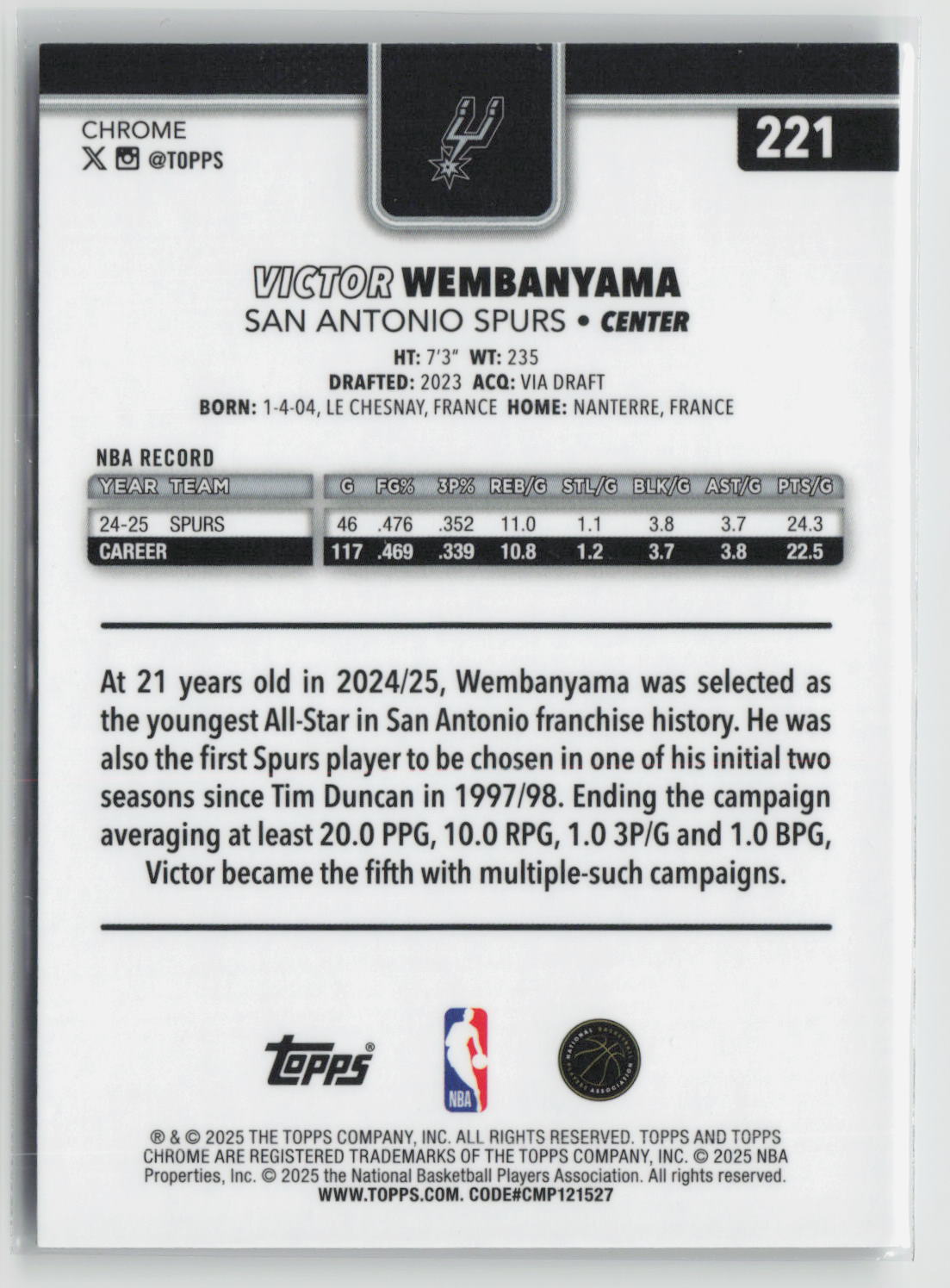 Victor Wembanyama 2025-26 Topps Chrome #221