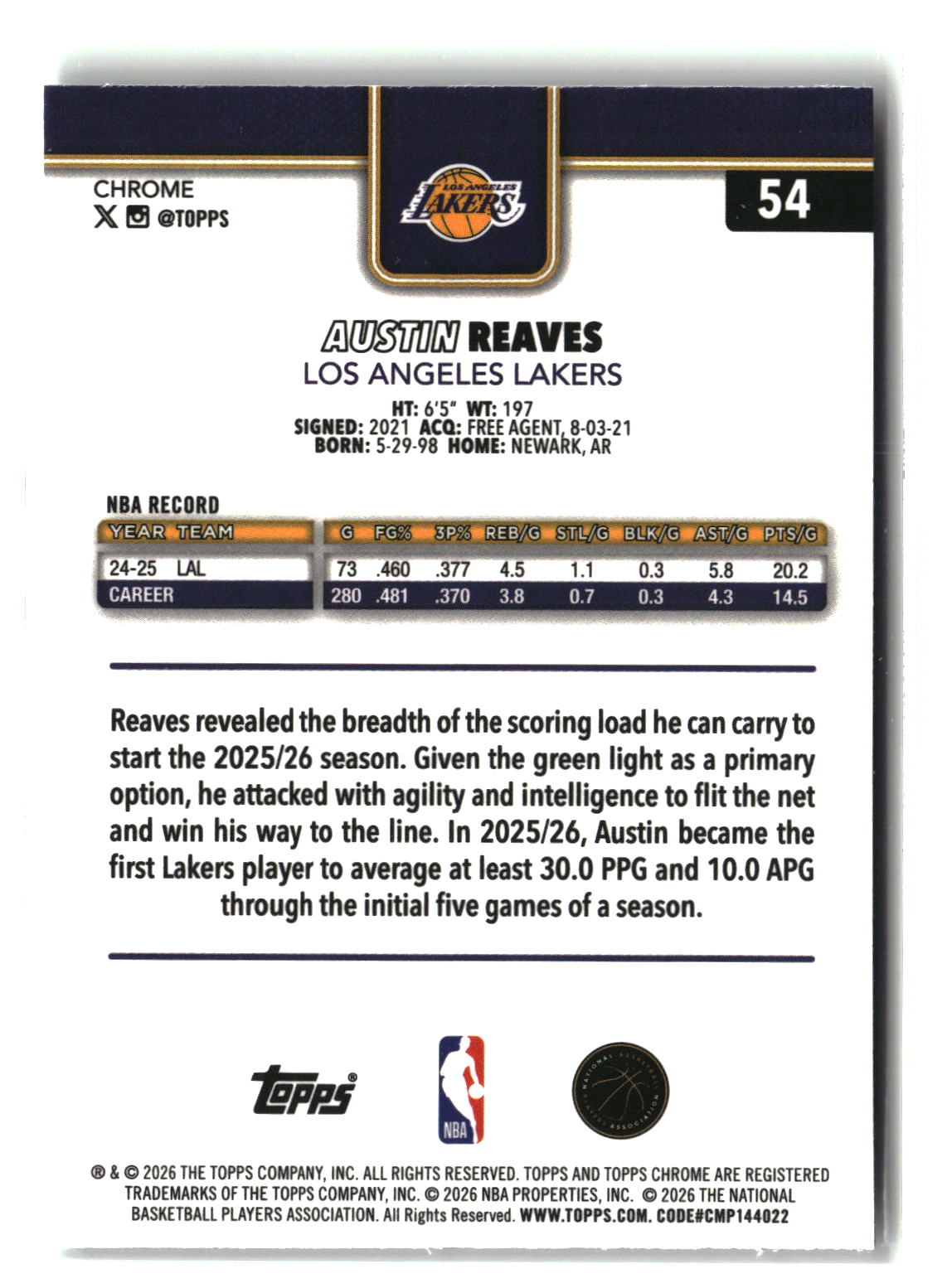 Austin Reaves 2025-26 Topps Chrome Update Prism Refractor #54