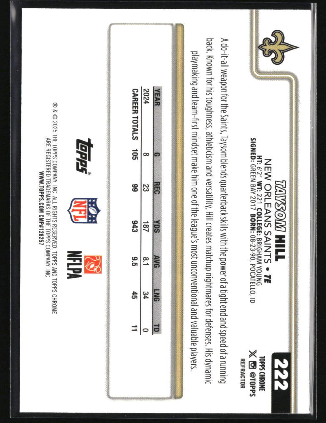 Taysom Hill 2025 Topps Chrome - Topps Refractor #222