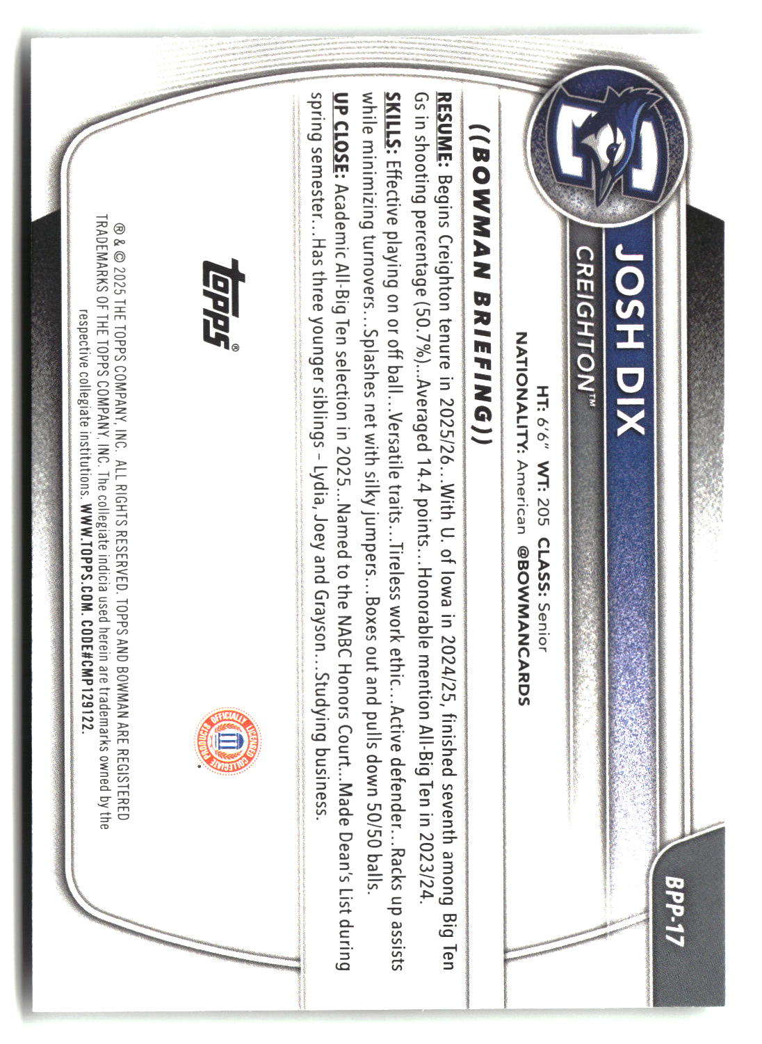Josh Dix 2025-26 Bowman Prospects #BPP-17