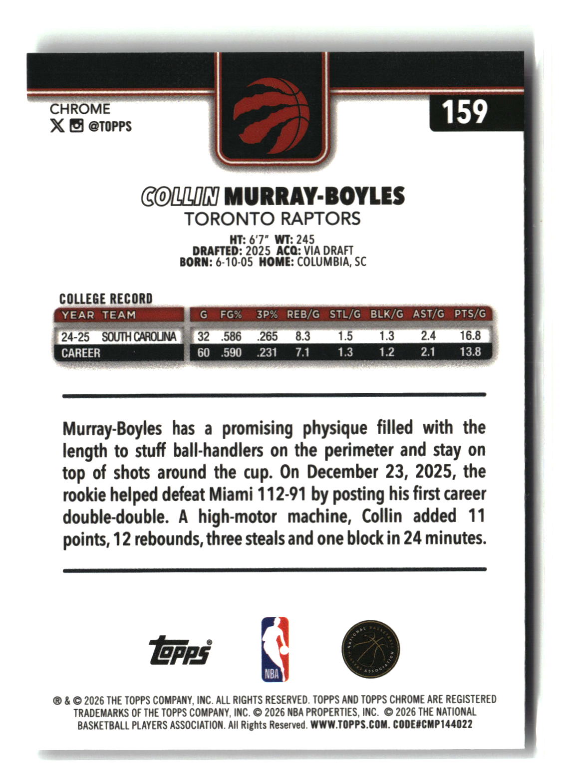 Collin Murray-Boyles 2025-26 Topps Chrome Update #159