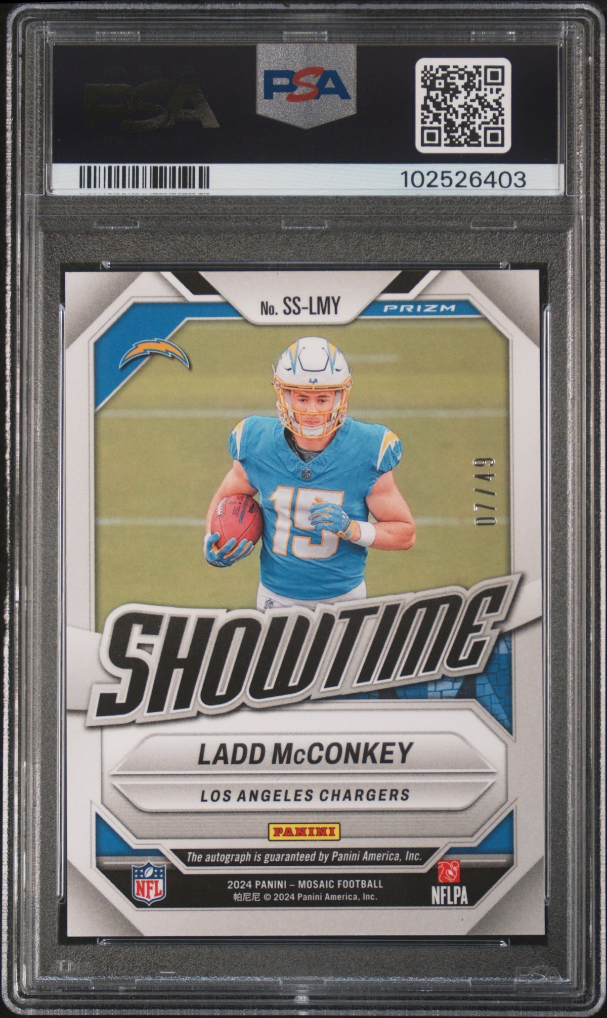 Ladd Mcconkey 2024 Panini Mosaic Showtime Signatures Purple #SSLMY 7/49 PSA 9