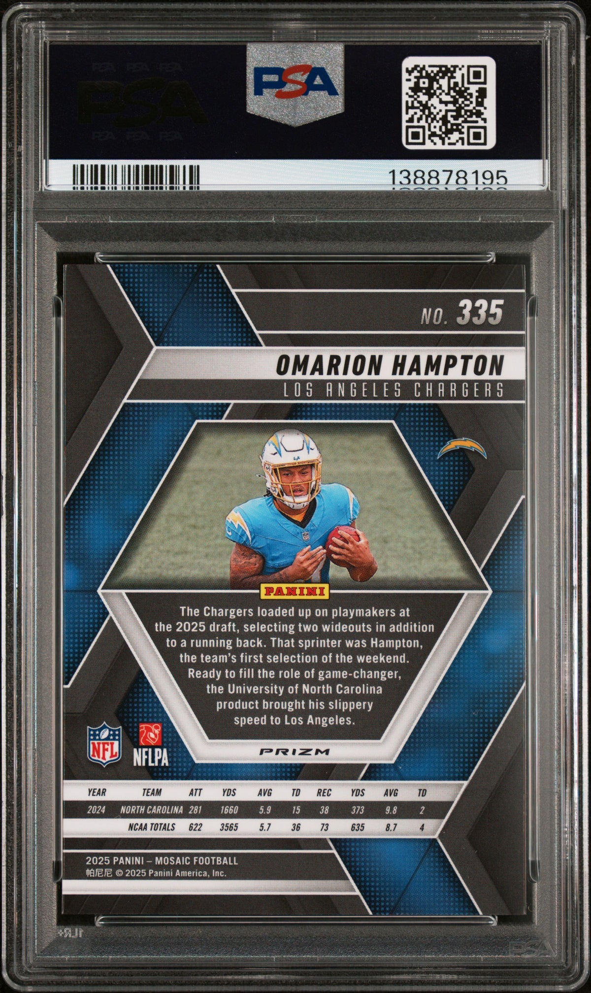 Omarion Hampton 2025 Panini Mosaic Red & White Stripe #335 PSA 9