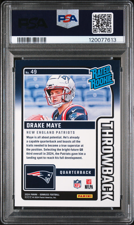 Drake Maye 2024 Panini Donruss Rated Rookies Throwback #49 PSA 9