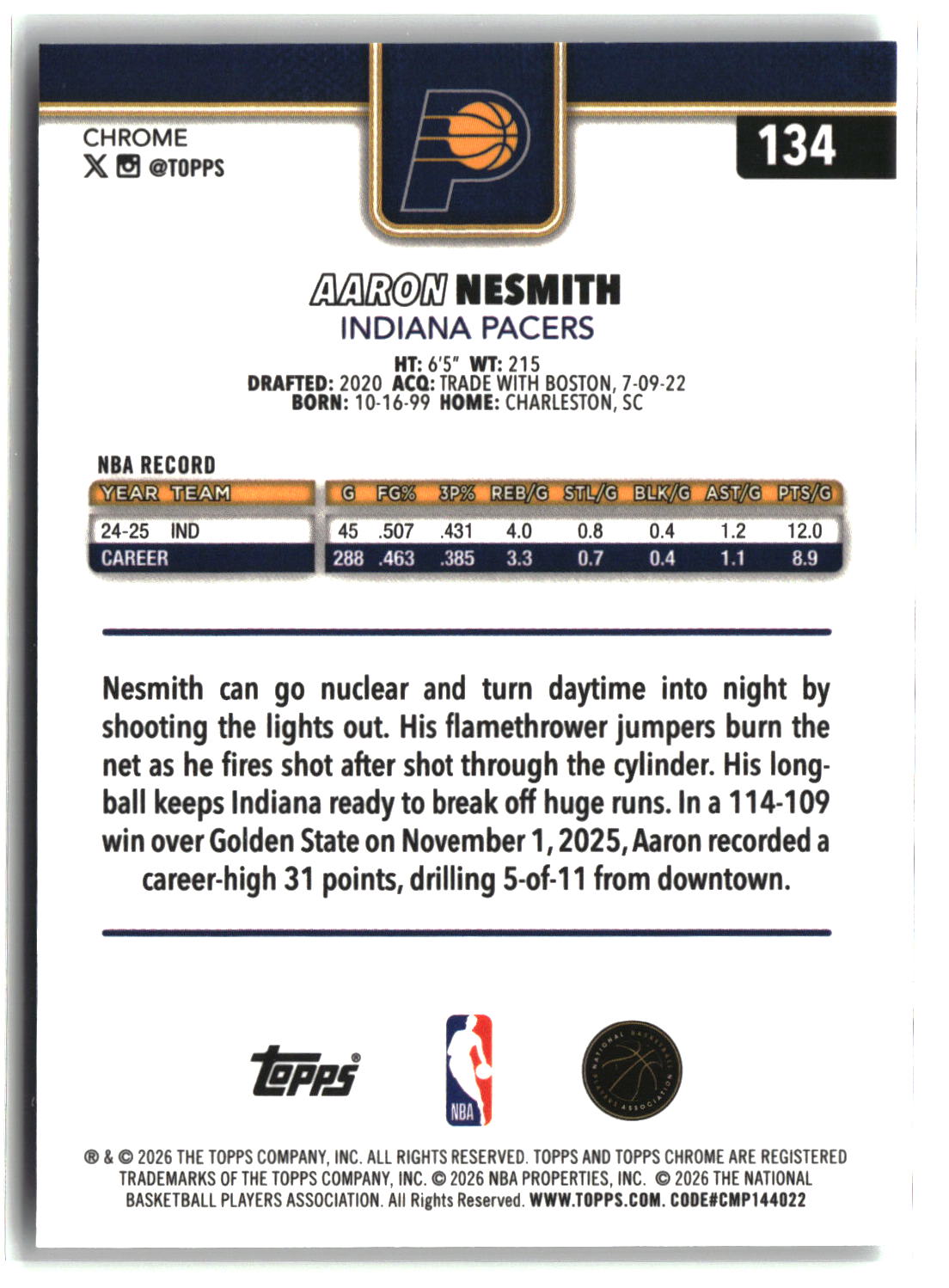 Aaron Nesmith 2025-26 Topps Chrome Update Refractor #134