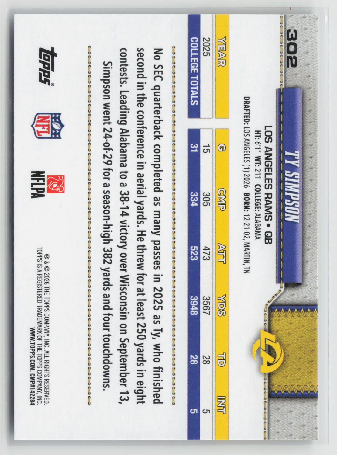 Ty Simpson 2026 Topps Flagship #302