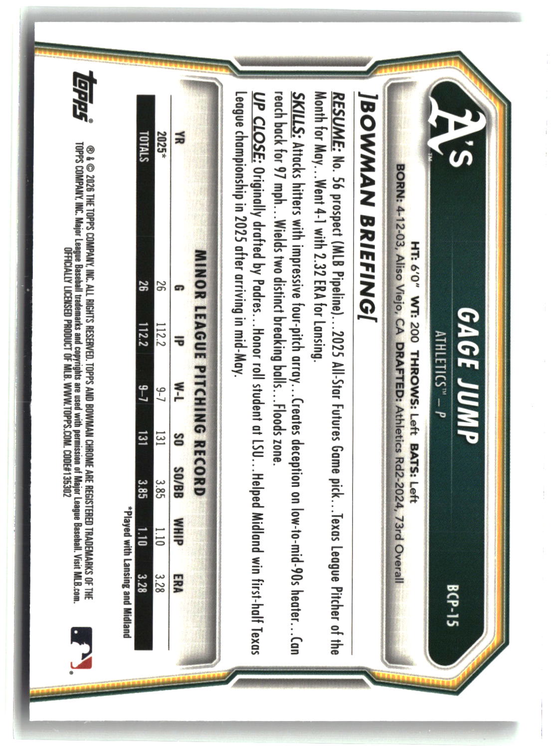 Gage Jump 2026 Bowman Chrome Prospects #BCP-15