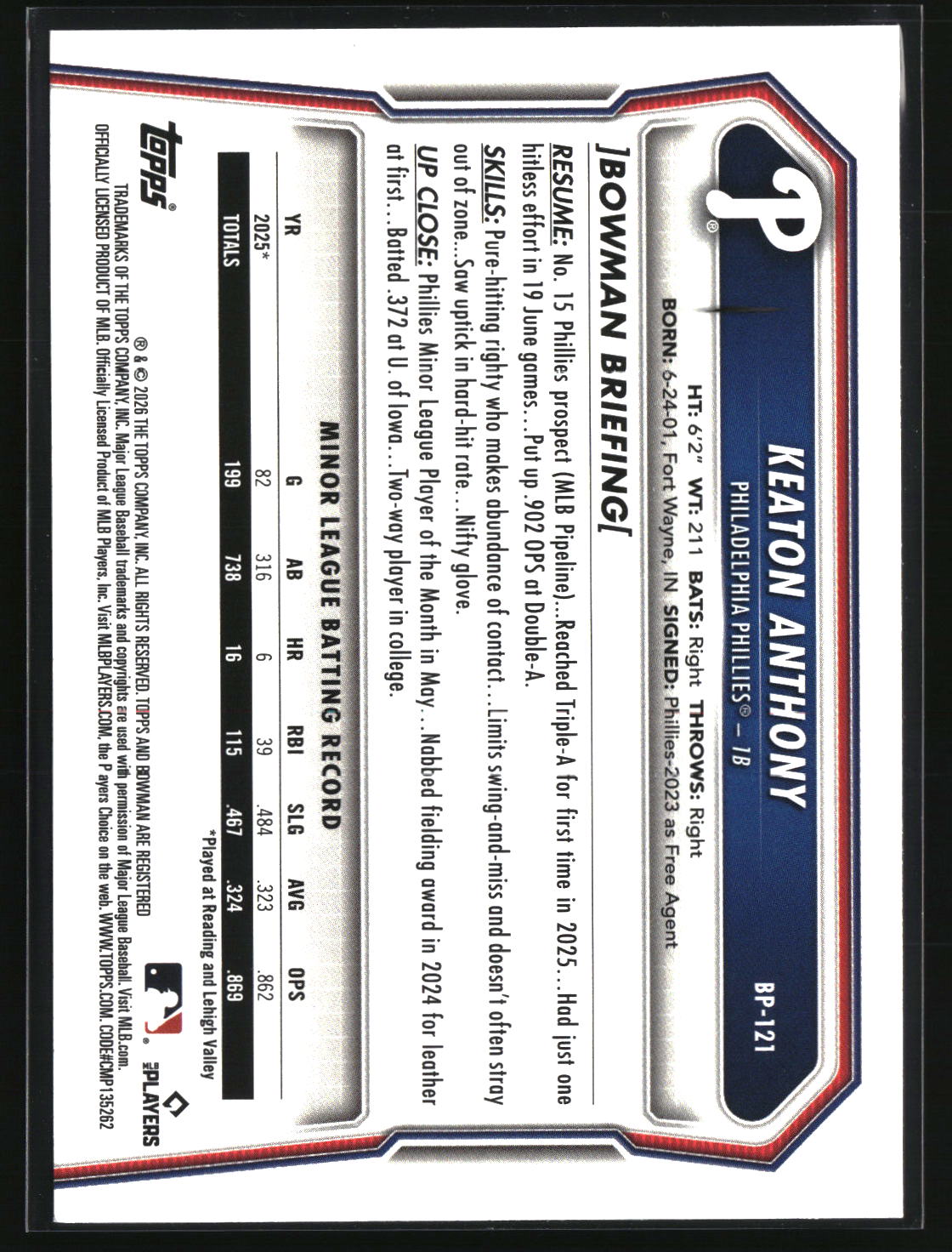 Keaton Anthony 2026 Bowman Prospects #BP-121