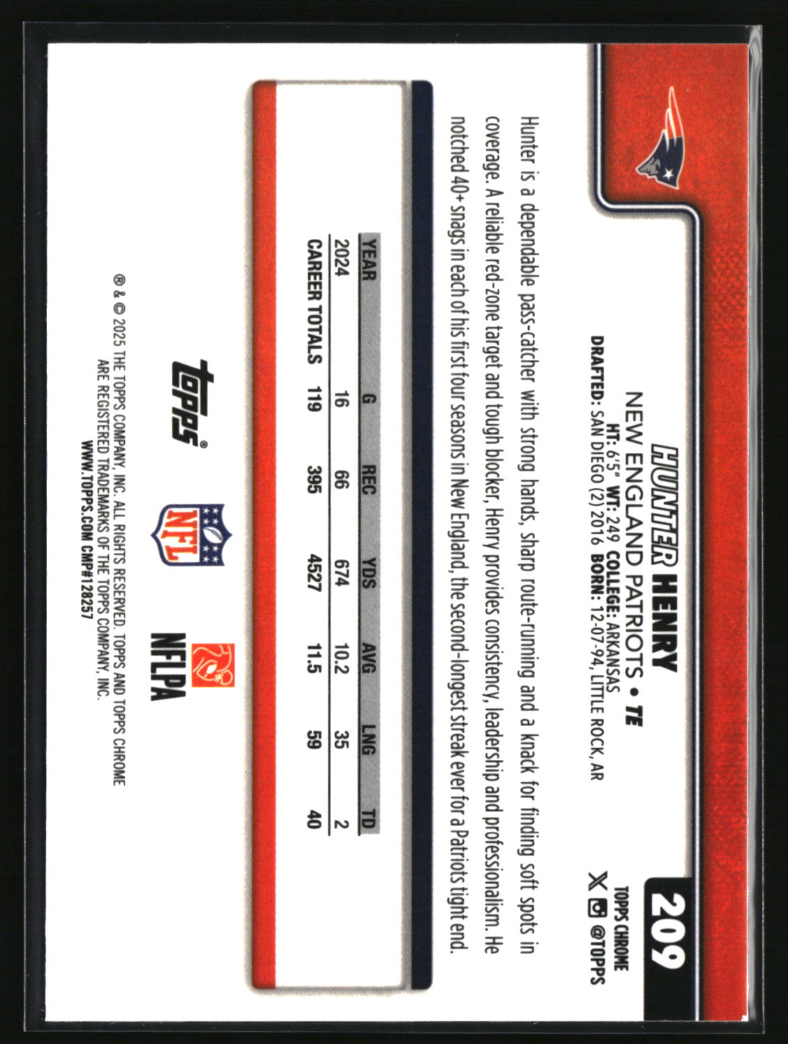 Hunter Henry 2025 Topps Chrome Ray Wave Refractor #209