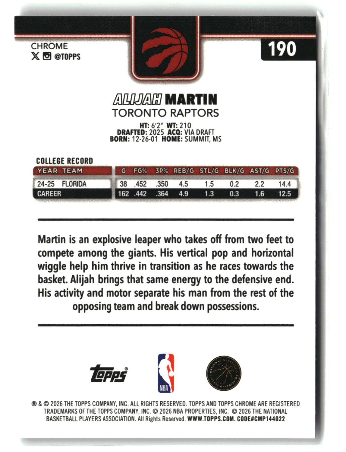 Alijah Martin 2025-26 Topps Chrome Update #190