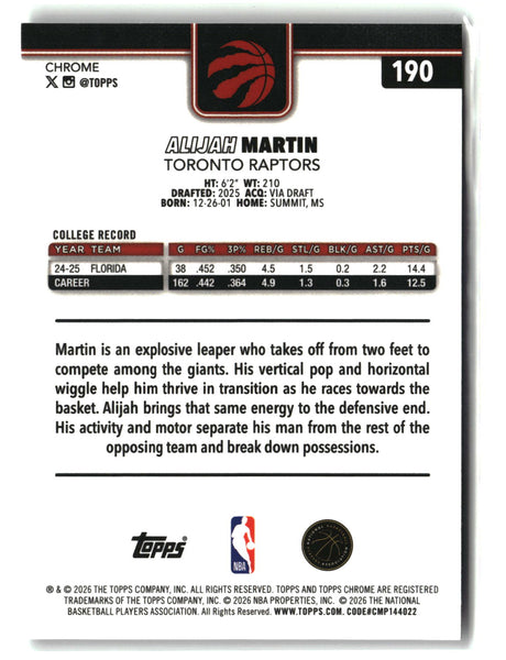 Alijah Martin 2025-26 Topps Chrome Update #190
