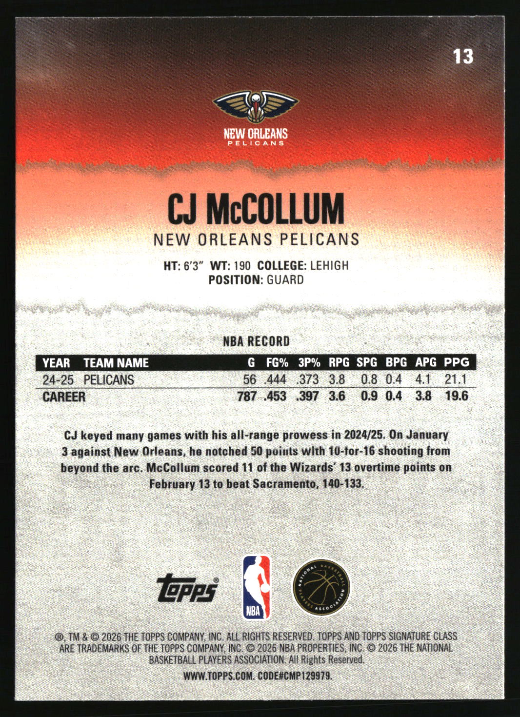 CJ McCollum 2025-26 Topps Signature Class #13