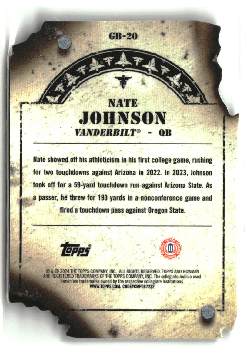 Nate Johnson 2024 Bowman University Best Gunslingers and Bandits Die Cut #GB-20