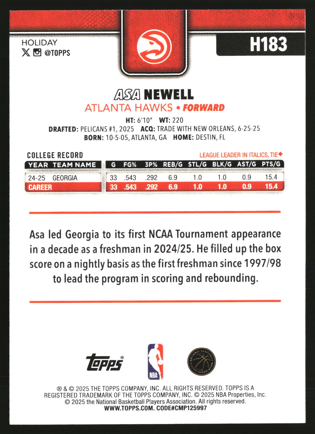 Asa Newell 2025-26 Topps Holiday #H183