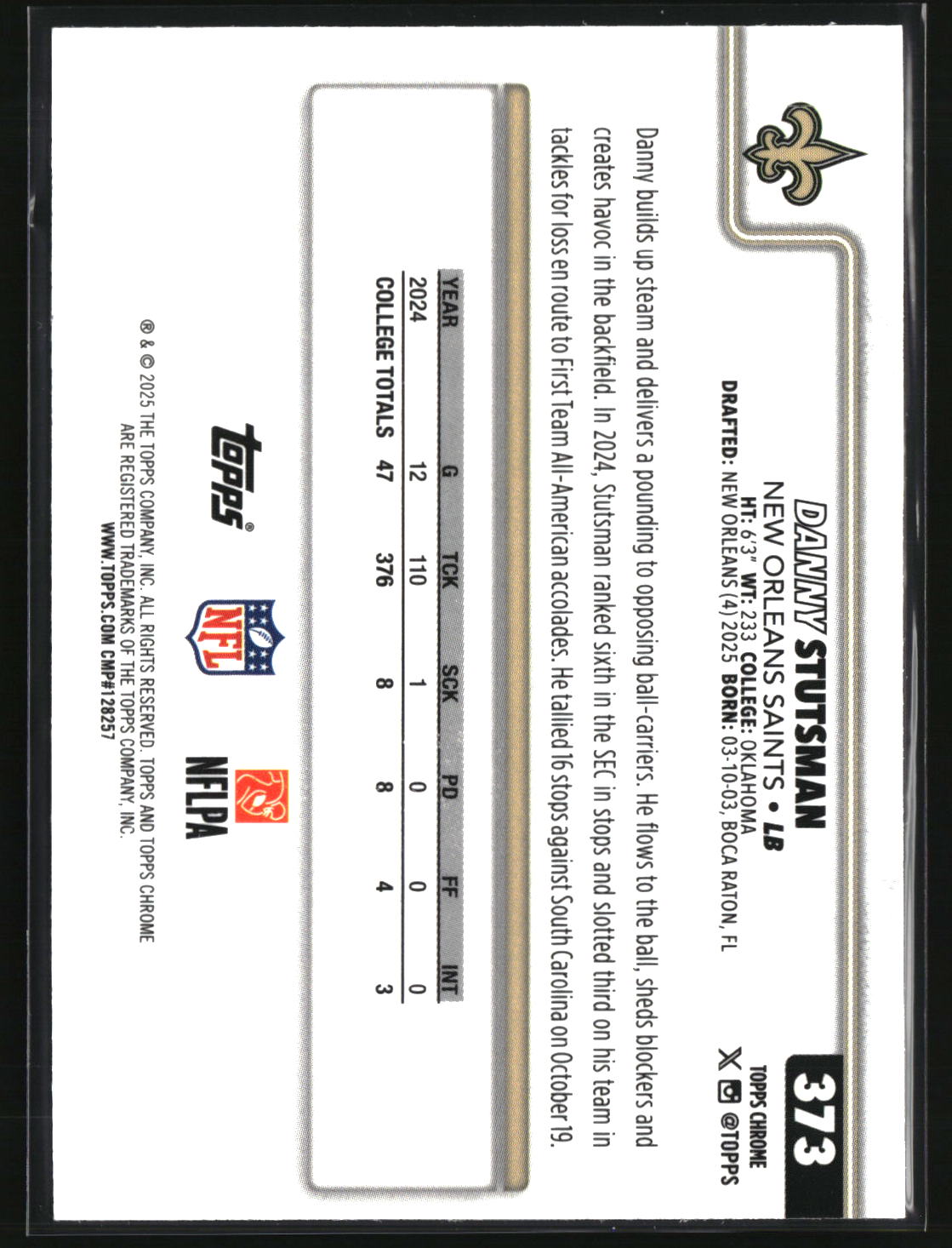 Danny Stutsman 2025 Topps Chrome Football #373