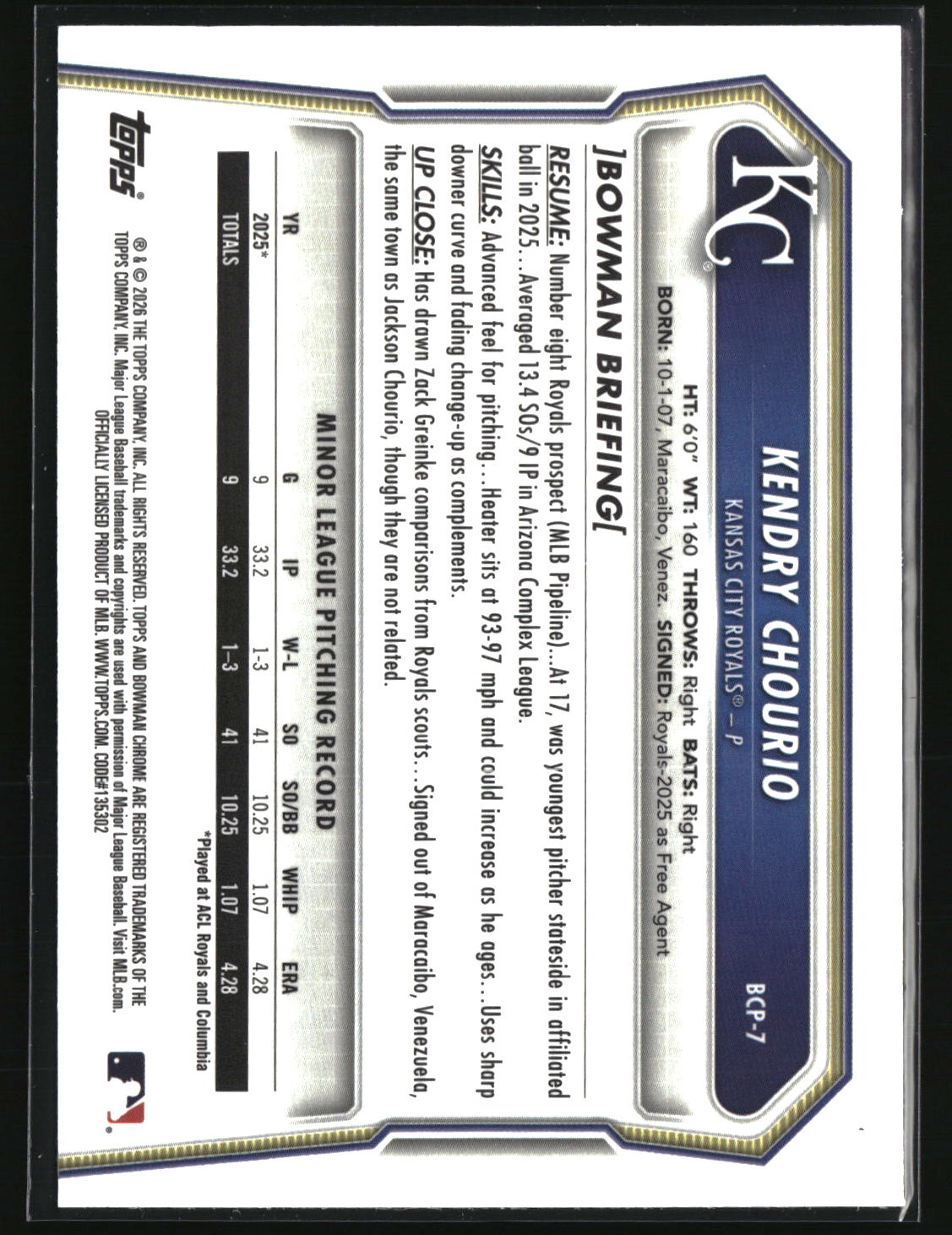 Kendry Chourio 2026 Bowman Chrome Prospects #BCP-7