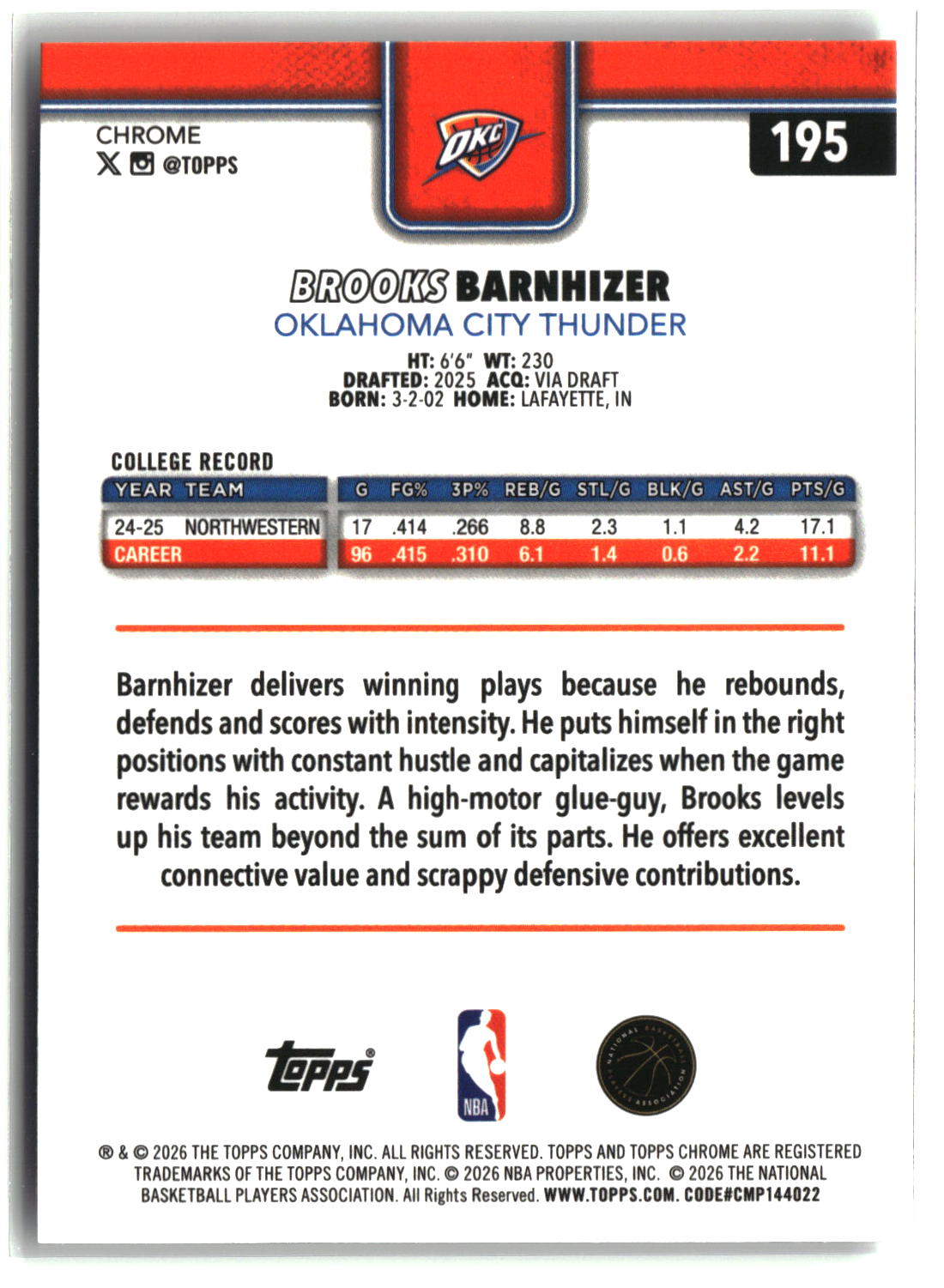 Brooks Barnhizer 2025-26 Topps Chrome Update #195