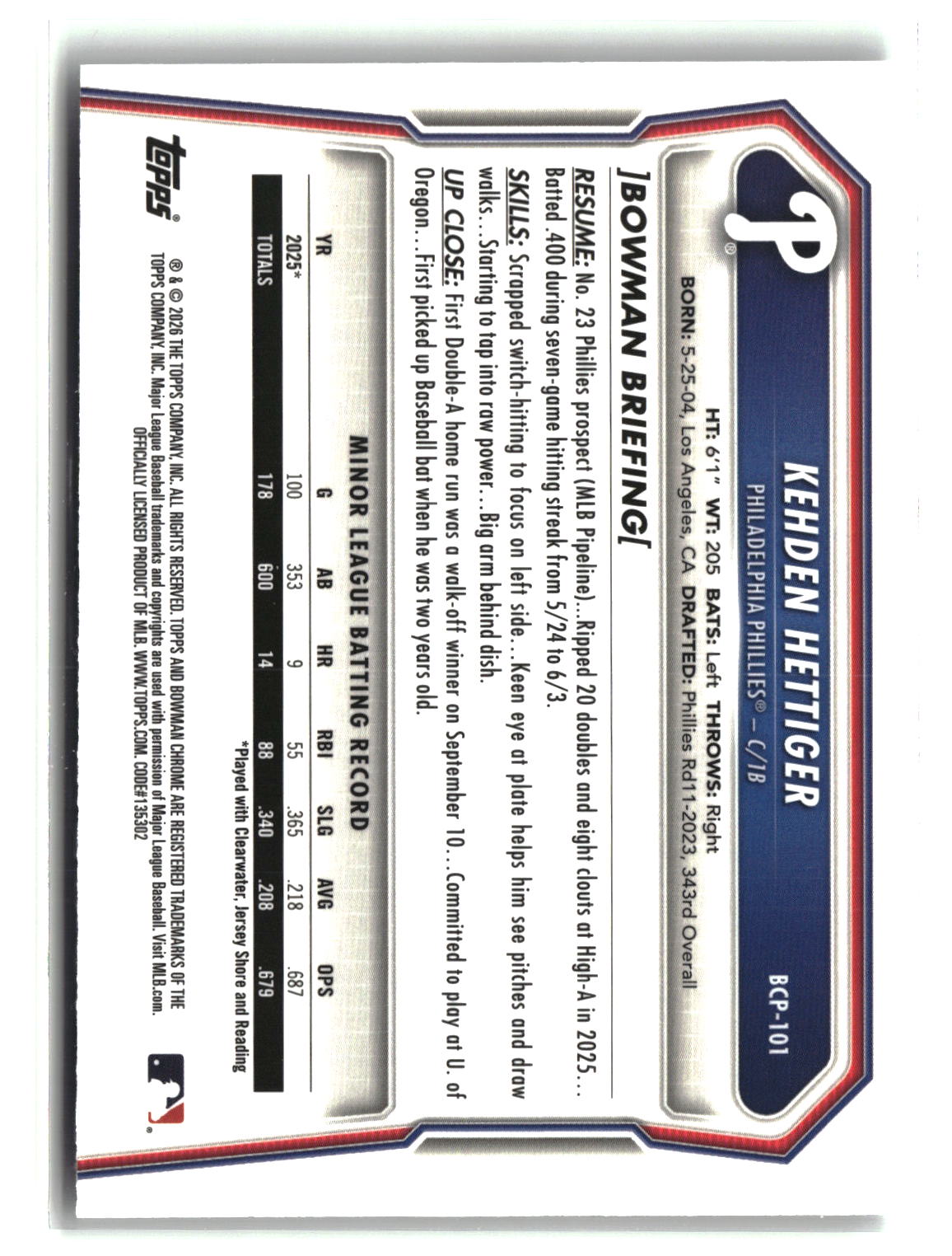 Kehden Hettiger 2026 Bowman Chrome Prospects #BCP-101