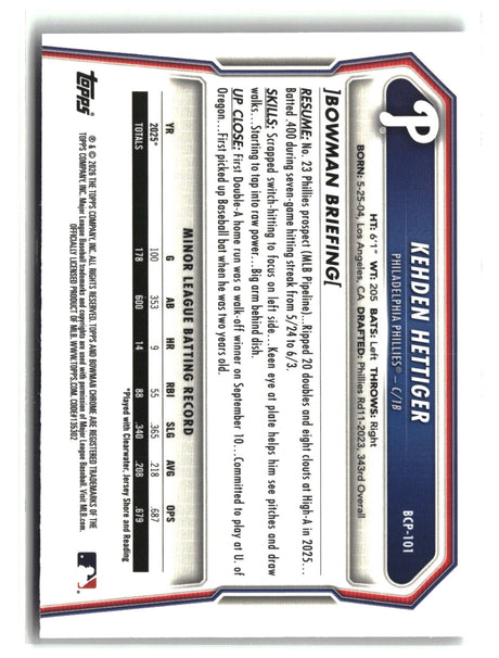 Kehden Hettiger 2026 Bowman Chrome Prospects #BCP-101
