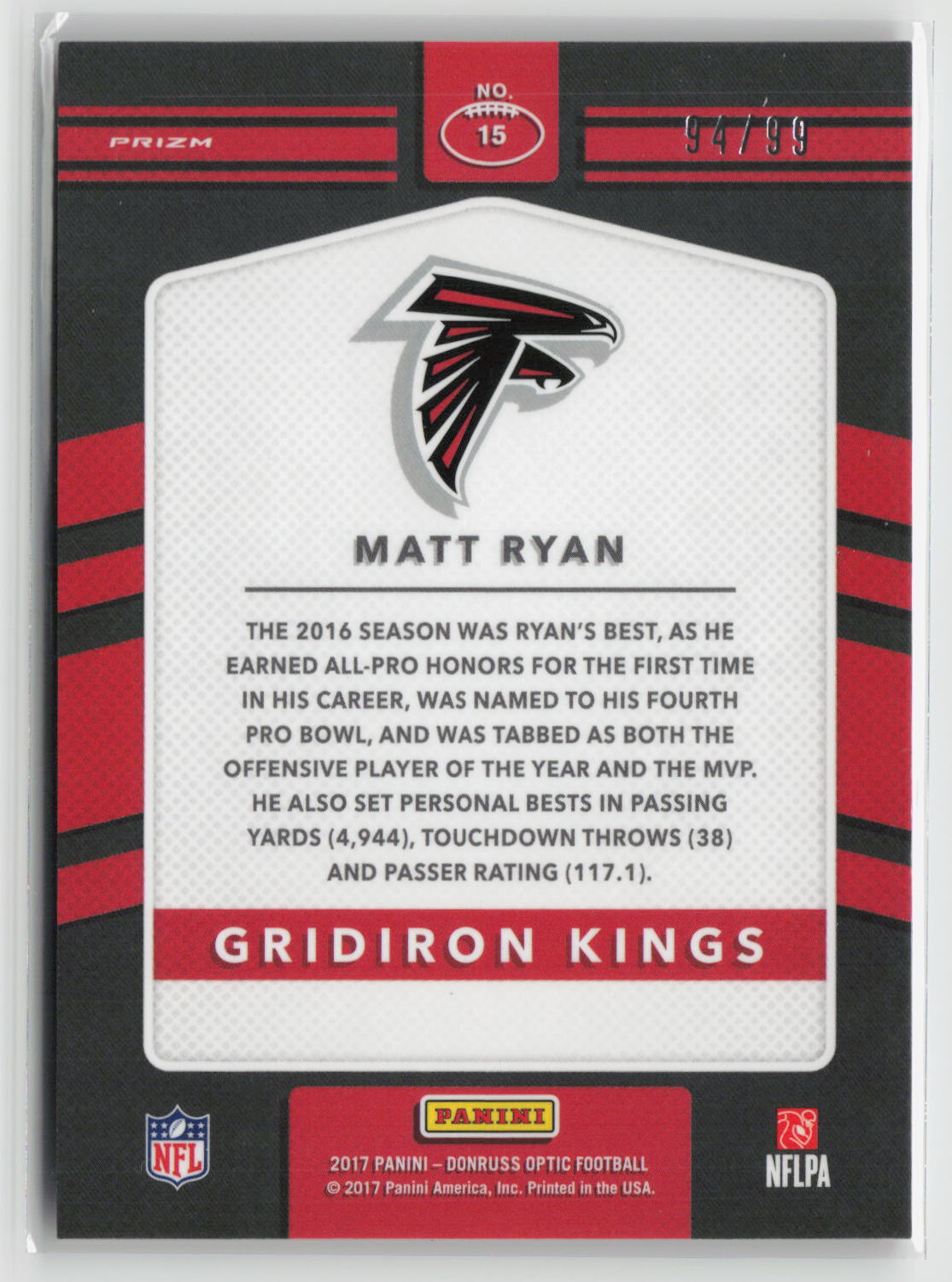 Matt Ryan 2017 Donruss Optic Gridiron Kings Red #15 #/99