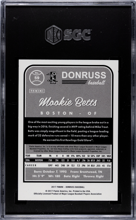 Mookie Betts 2017 Donruss Catcher Shown Gray Border #59 /199 SGC 10