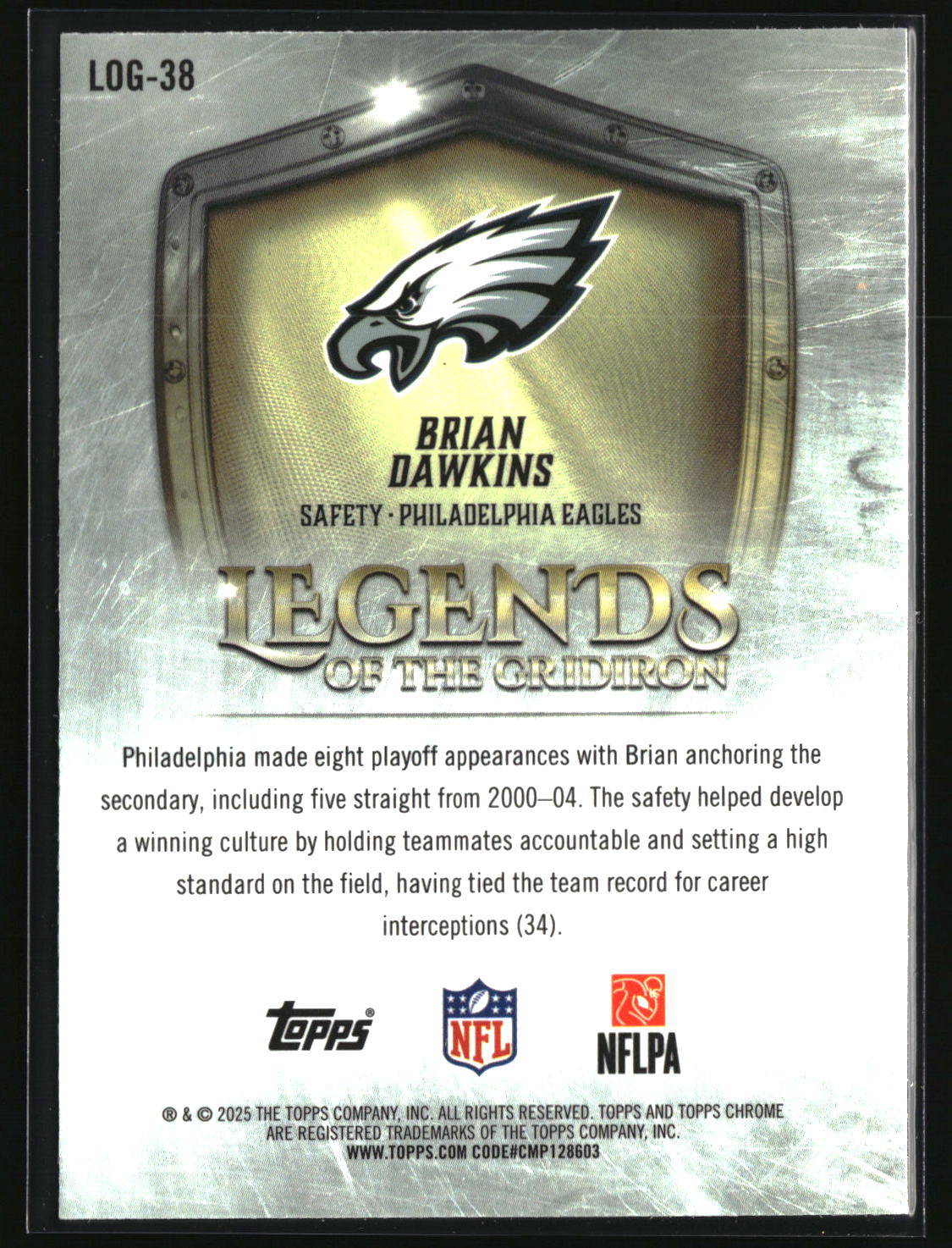 Brian Dawkins 2025 Topps Chrome Legends of the Gridiron #LOG-38