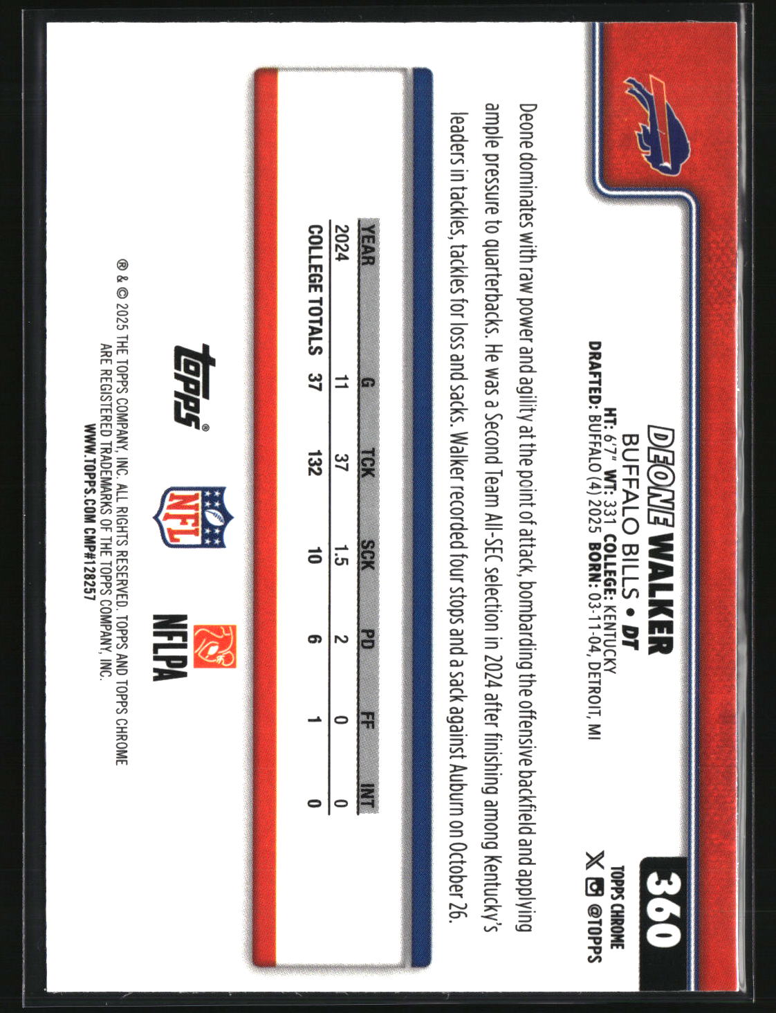 Deone Walker 2025 Topps Chrome Football #360