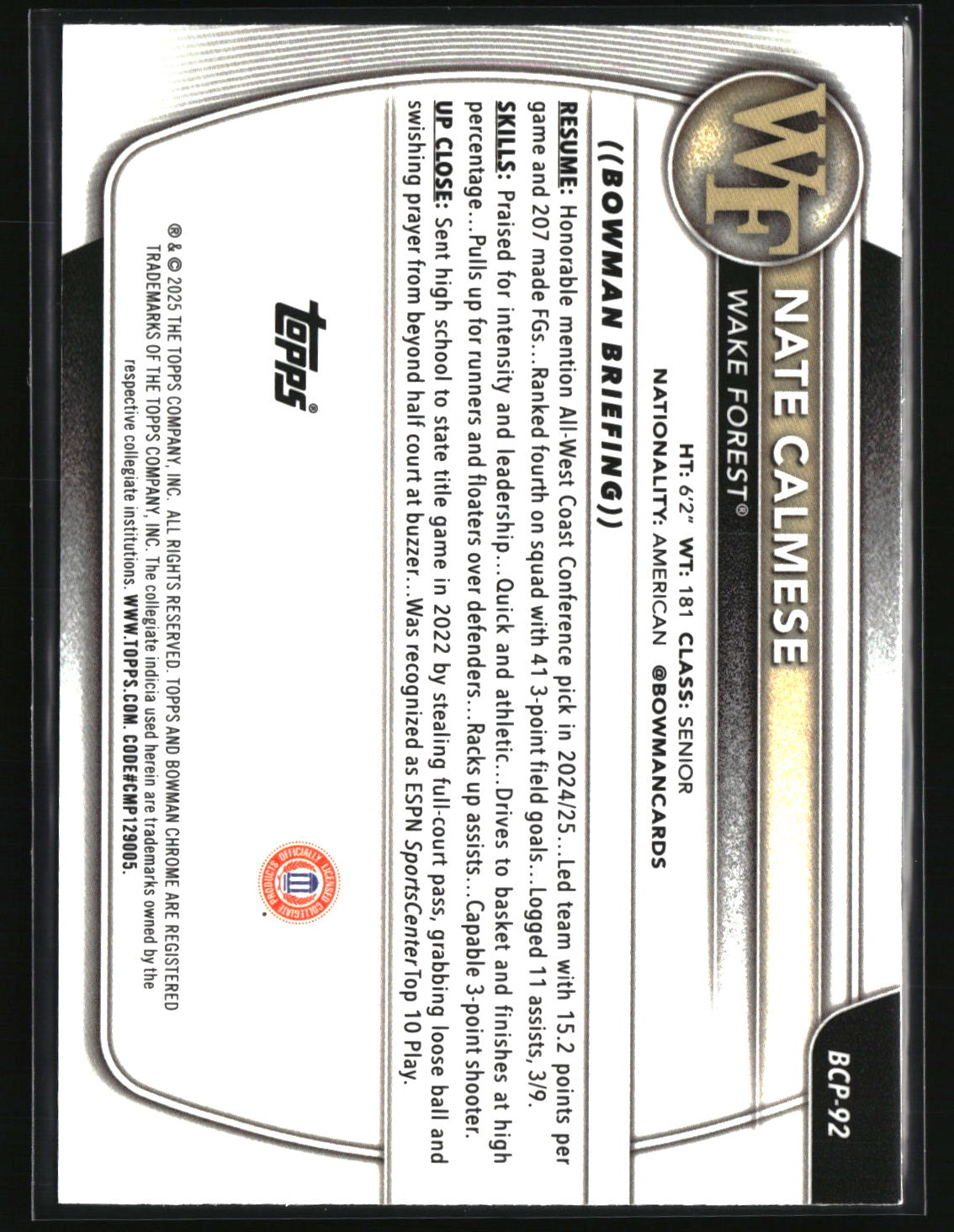 Nate Calmese 2025-26 Bowman Chrome Prospects Reptilian Refractor #BCP-92