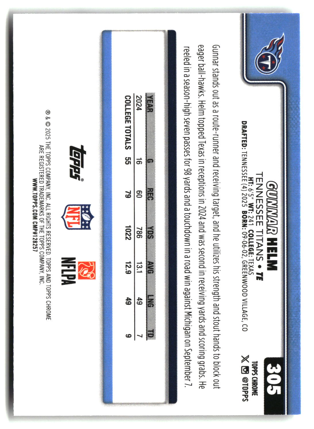 Gunnar Helm 2025 Topps Chrome #305