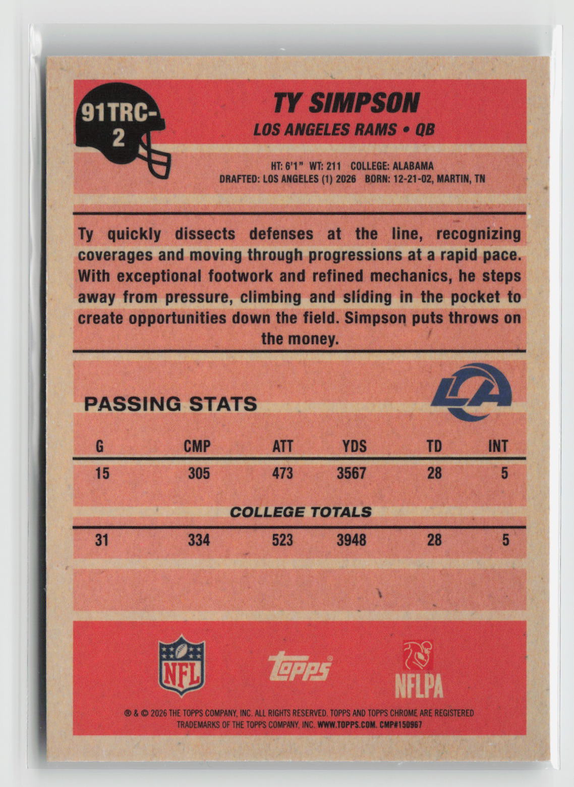 Ty Simpson 2026 Topps Flagship 1991 Topps Football Rookies Chrome #91TRC-2