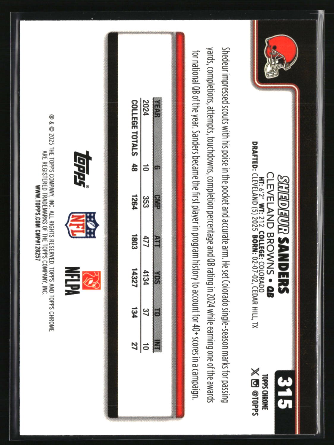Shedeur Sanders 2025 Topps Chrome Football #315