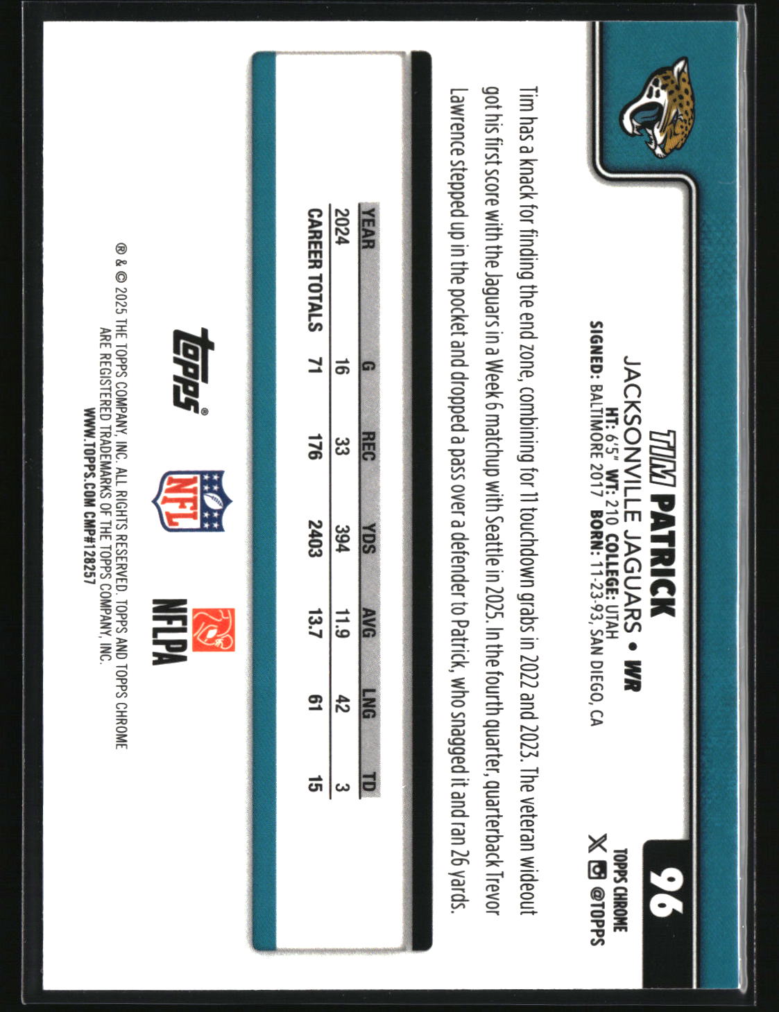 Tim Patrick 2025 Topps Chrome Pulsar Refractor #96
