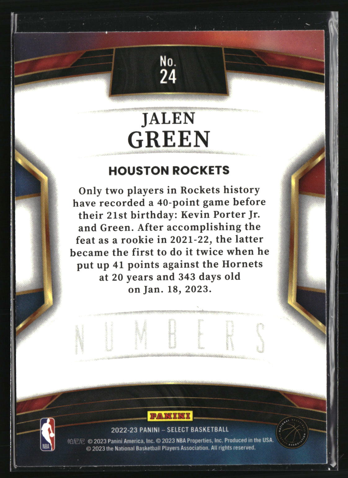 Jalen Green 2022-23 Panini Select Select Numbers #24