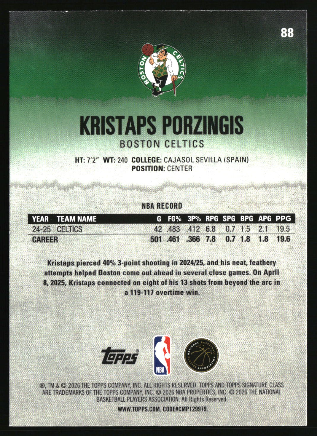 Kristaps Porzingis 2025-26 Topps Signature Class #88
