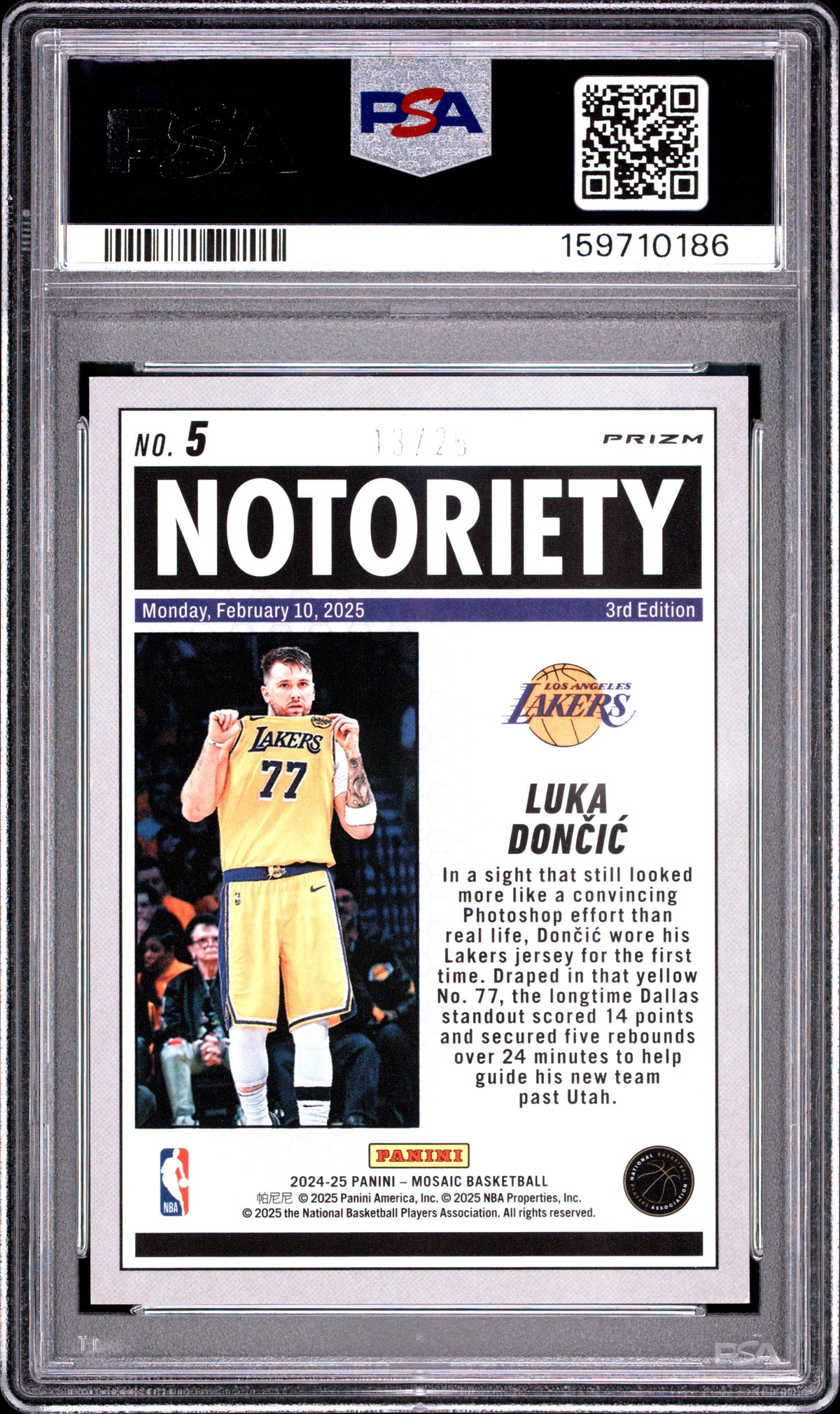 Luka Doncic 2024 Panini Mosaic Notoriety White #5 13/25 PSA 10
